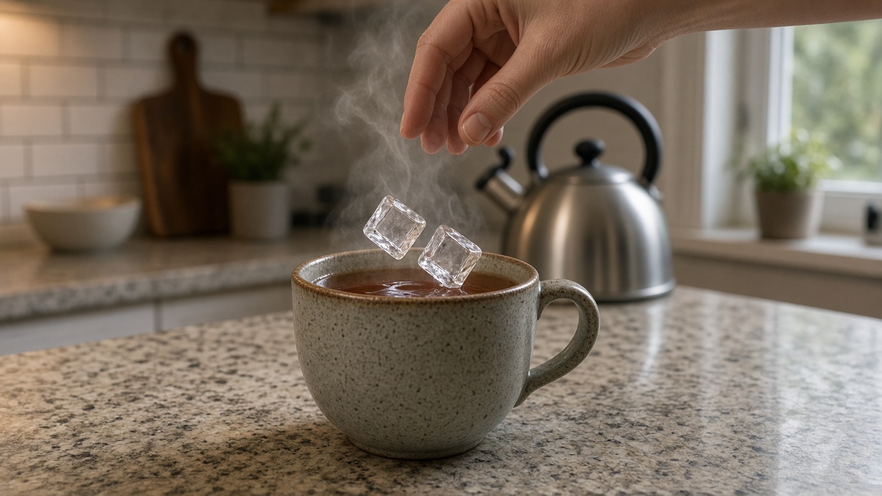 Ice being dropped into a mug of hot tea