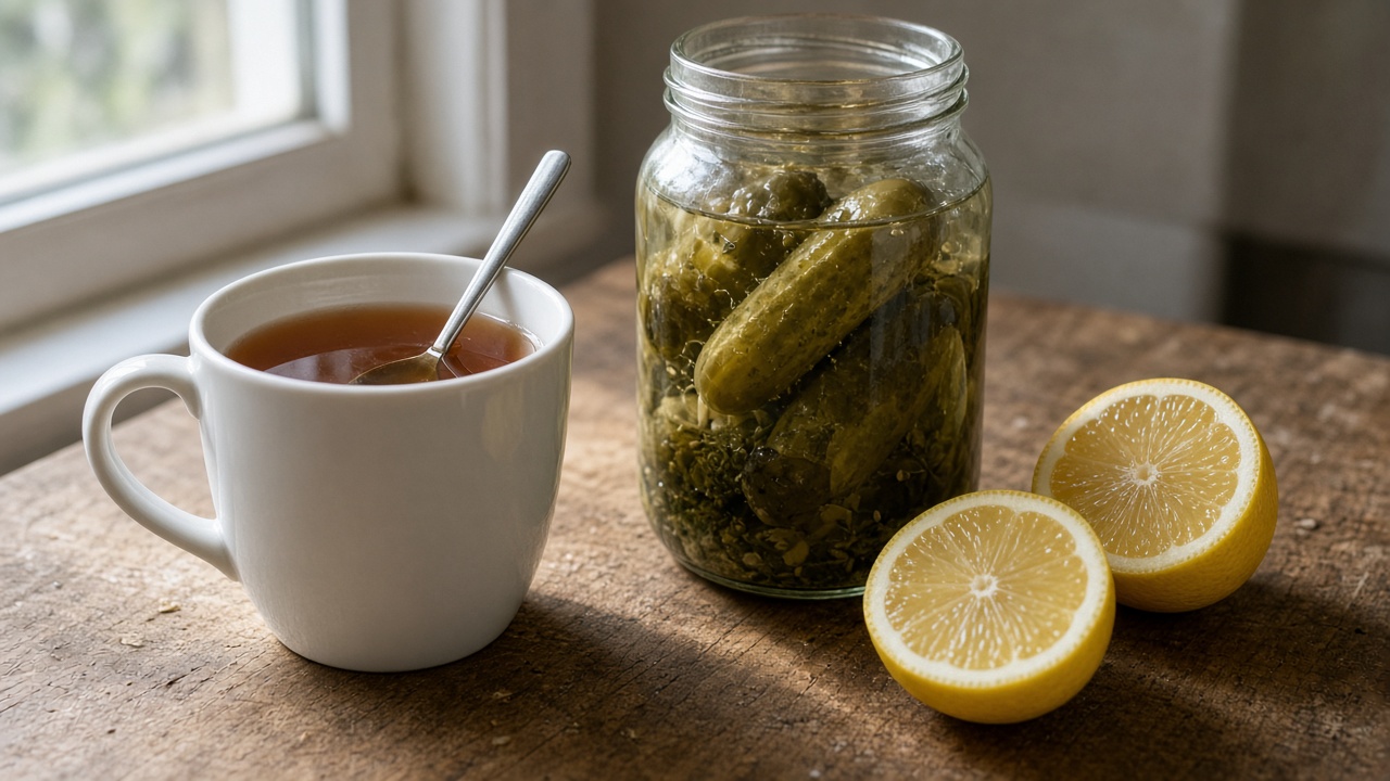A mug of tea on a kitchen counter next to a pickle jar