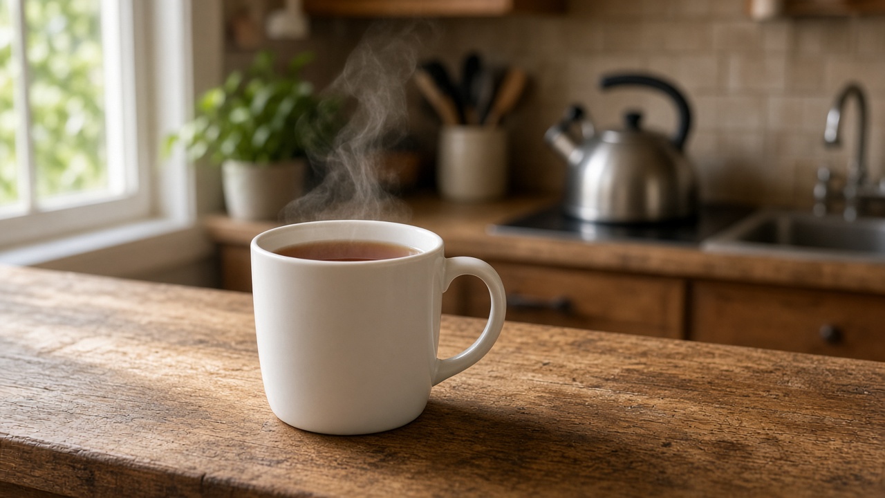 A mug of tea on a kitchen counter in morning light