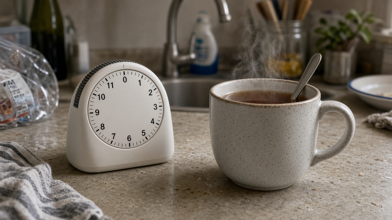 A kitchen timer set to seven seconds beside a mug of tea
